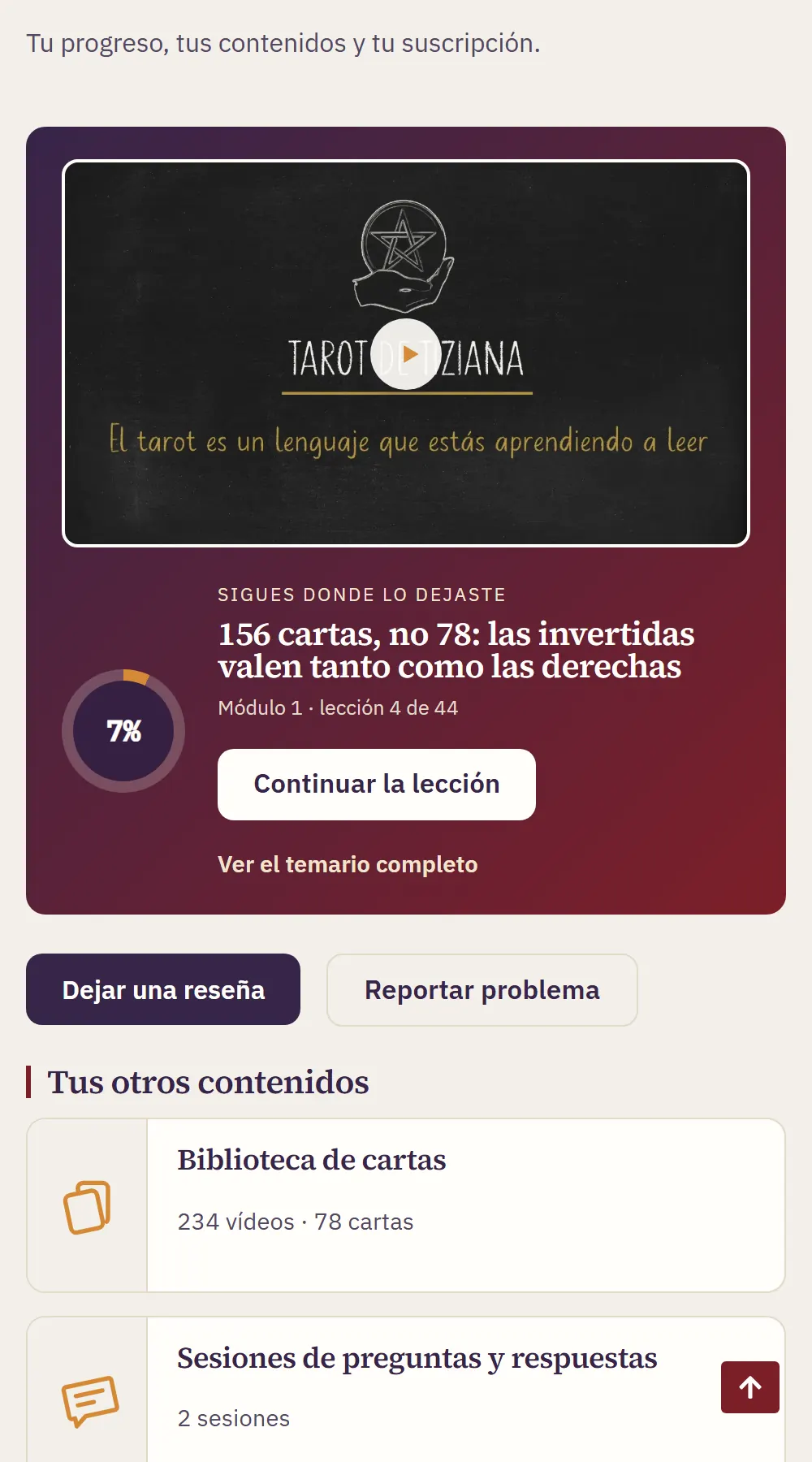 Ayuda del curso 3 Mi curso en el móvil: la tarjeta «Sigues donde lo dejaste» con el botón «Continuar la lección» y el enlace «Ver el temario completo».