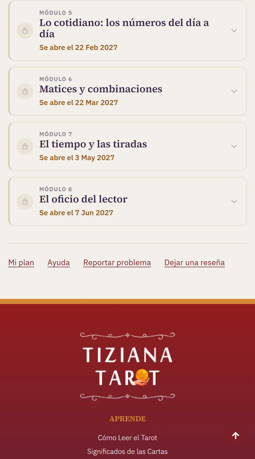 Ayuda del curso 21 El pie de la página del curso, con los enlaces «Mi plan», «Ayuda», «Reportar problema» y «Dejar una reseña».